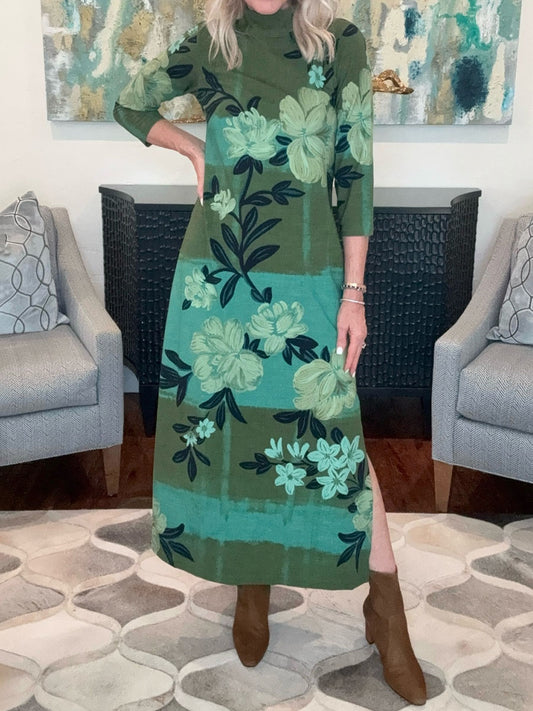Mock Neck Printed 3/4 Sleeve Length Dress