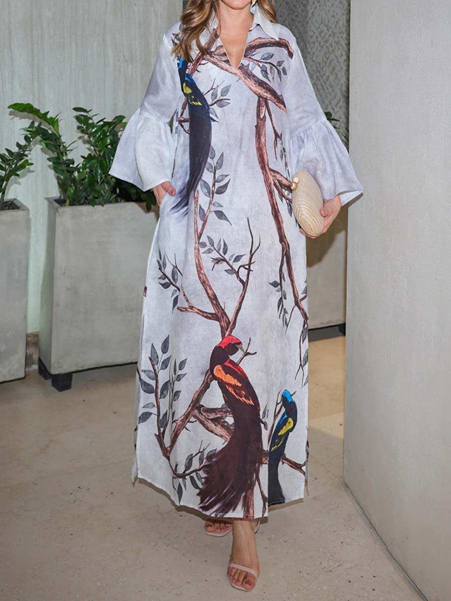 Printed V Neck Loose Dress