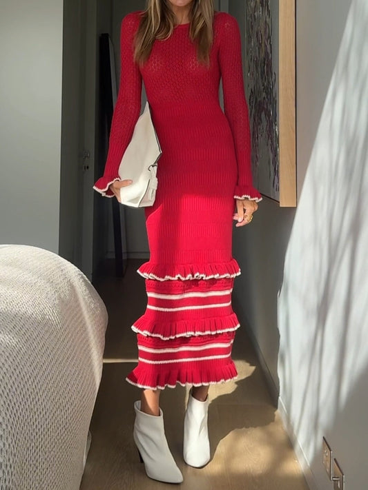 Knitted Ruffled Long Sleeve Dress