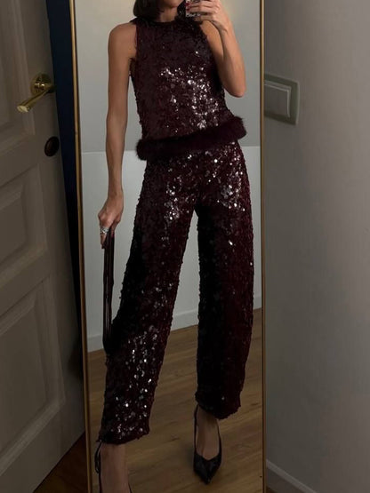 Faux Fur Hem Sequin Top & High-waist Trousers