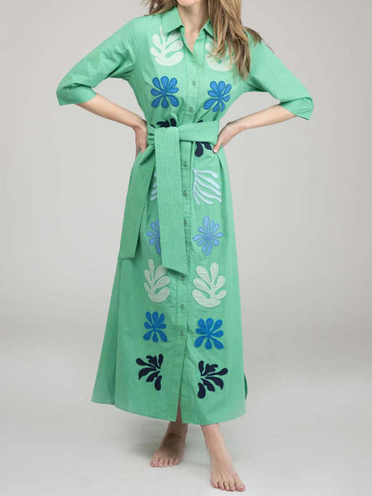 Printed Button Up Belted Dress