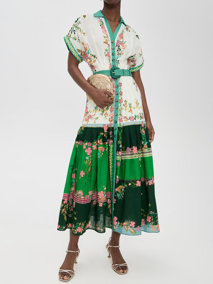 Floral Print Pintucked Waist Maxi Dress