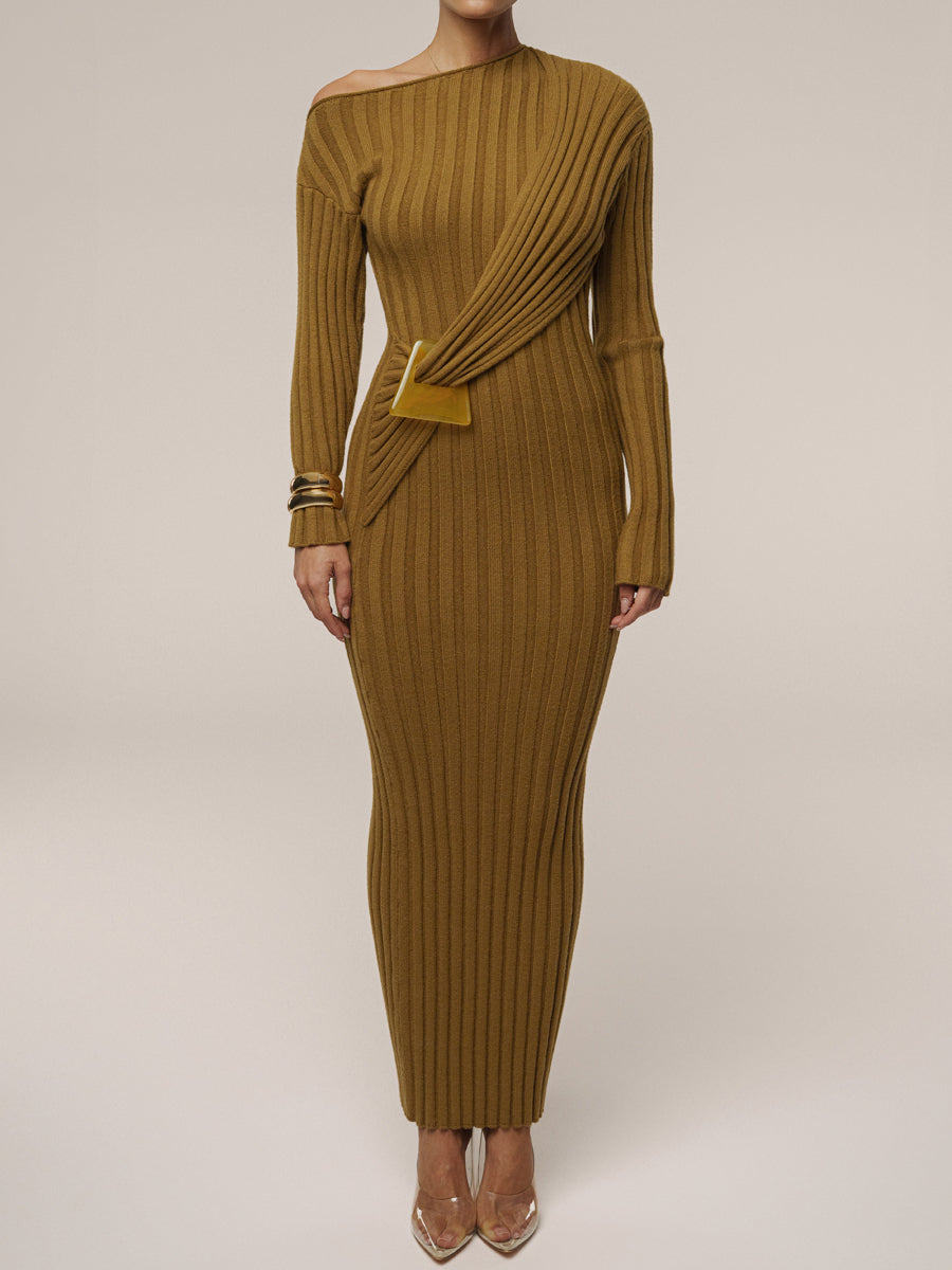 Asymmetric Neck Acrylic Accent Knitted Maxi Dress