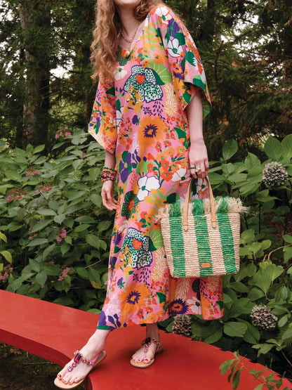 Printed V Neck Loose Maxi Dress