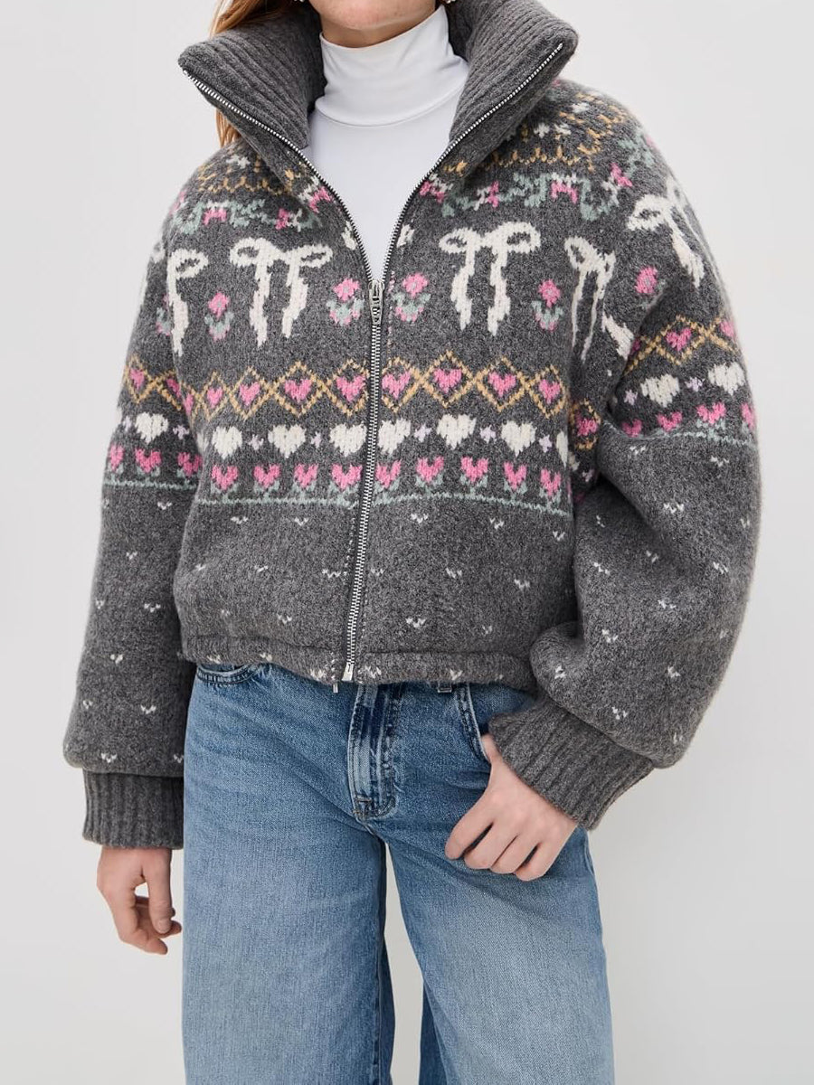 Women's Fair Isle Pattern Drawstring Waist Sweater Jacket