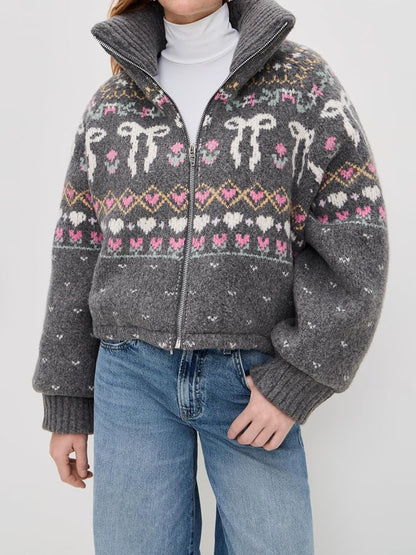 Women's Fair Isle Pattern Drawstring Waist Sweater Jacket