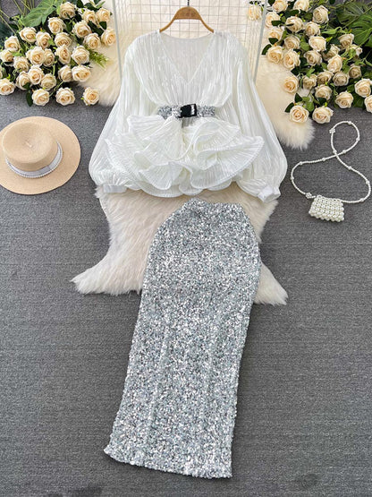 Elegant Puff Sleeve V-Neck Ruffled Top & Sequin Skirt