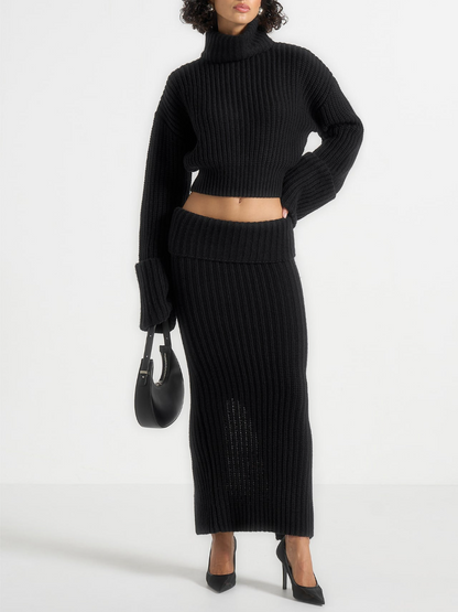 Turtleneck Knitted Skirt Suit