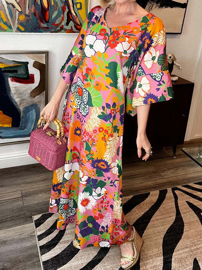 Printed V Neck Loose Maxi Dress