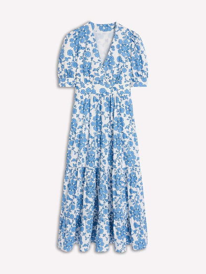 Printed V Neck Puff Sleeve Maxi Dress