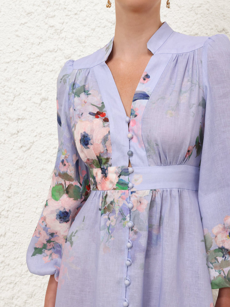 V-neck Blouson Sleeve Printed Dress