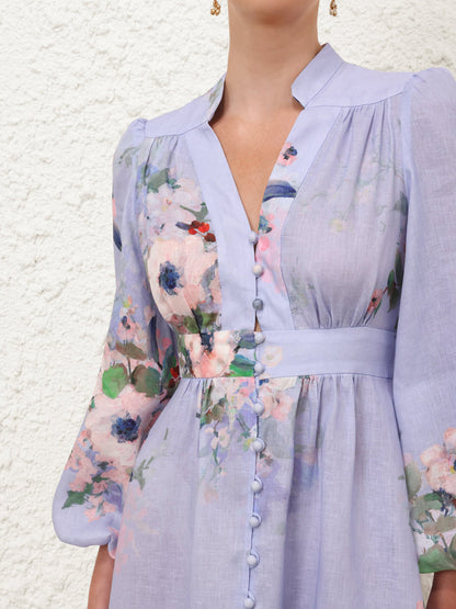 V-neck Blouson Sleeve Printed Dress