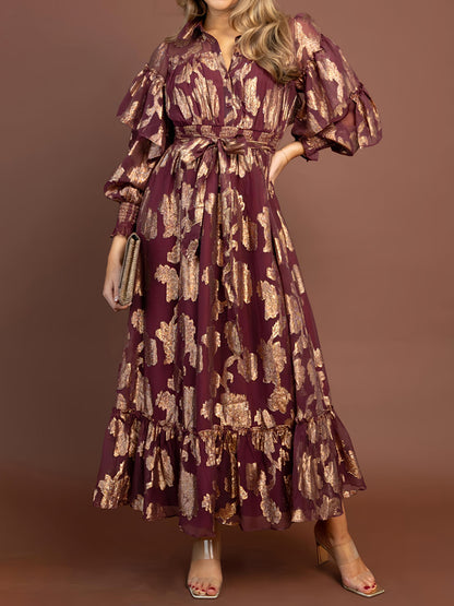 Floral Pattern Long Sleeve Chiffon Maxi Dress