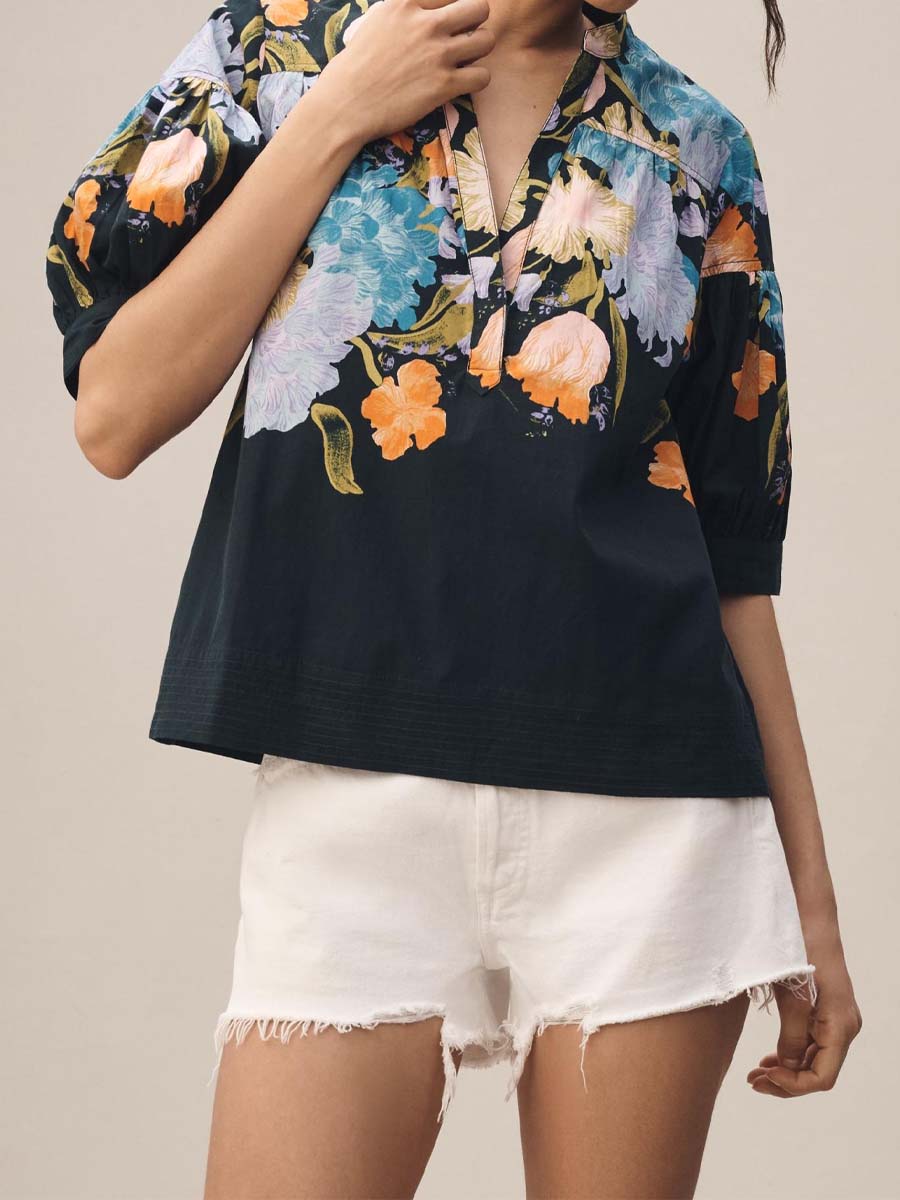 Floral Print Loose V Neck Top
