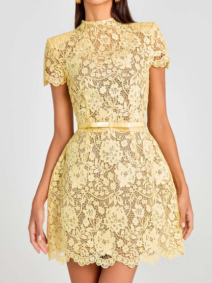 Elegant Lace Bow Belted Mini Dress