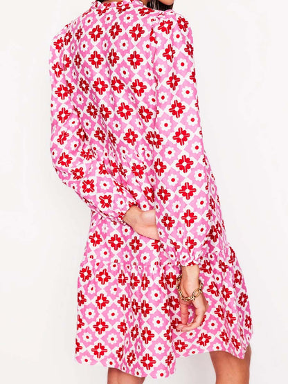 Split Neck Printed Long Sleeve Dress