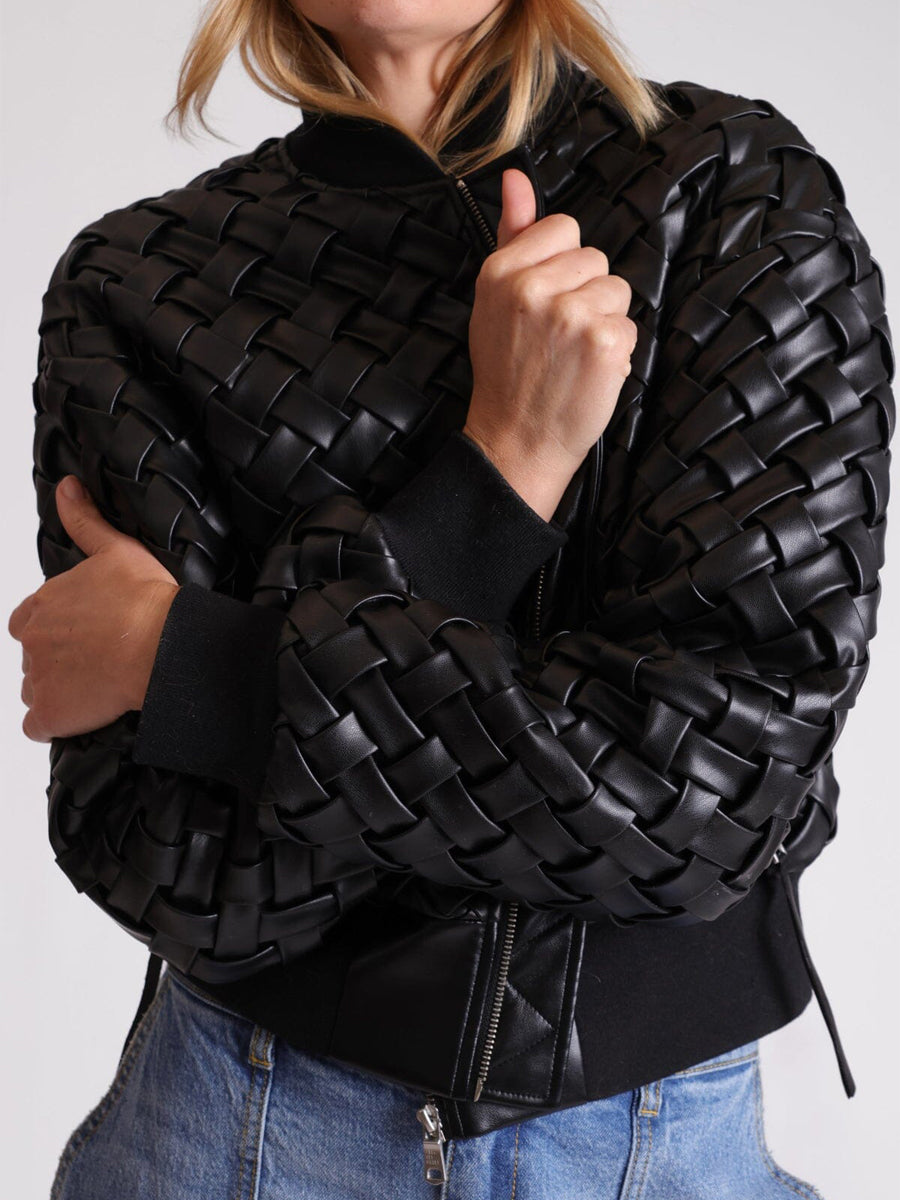 Weave Faux Leather Bomber Jacket