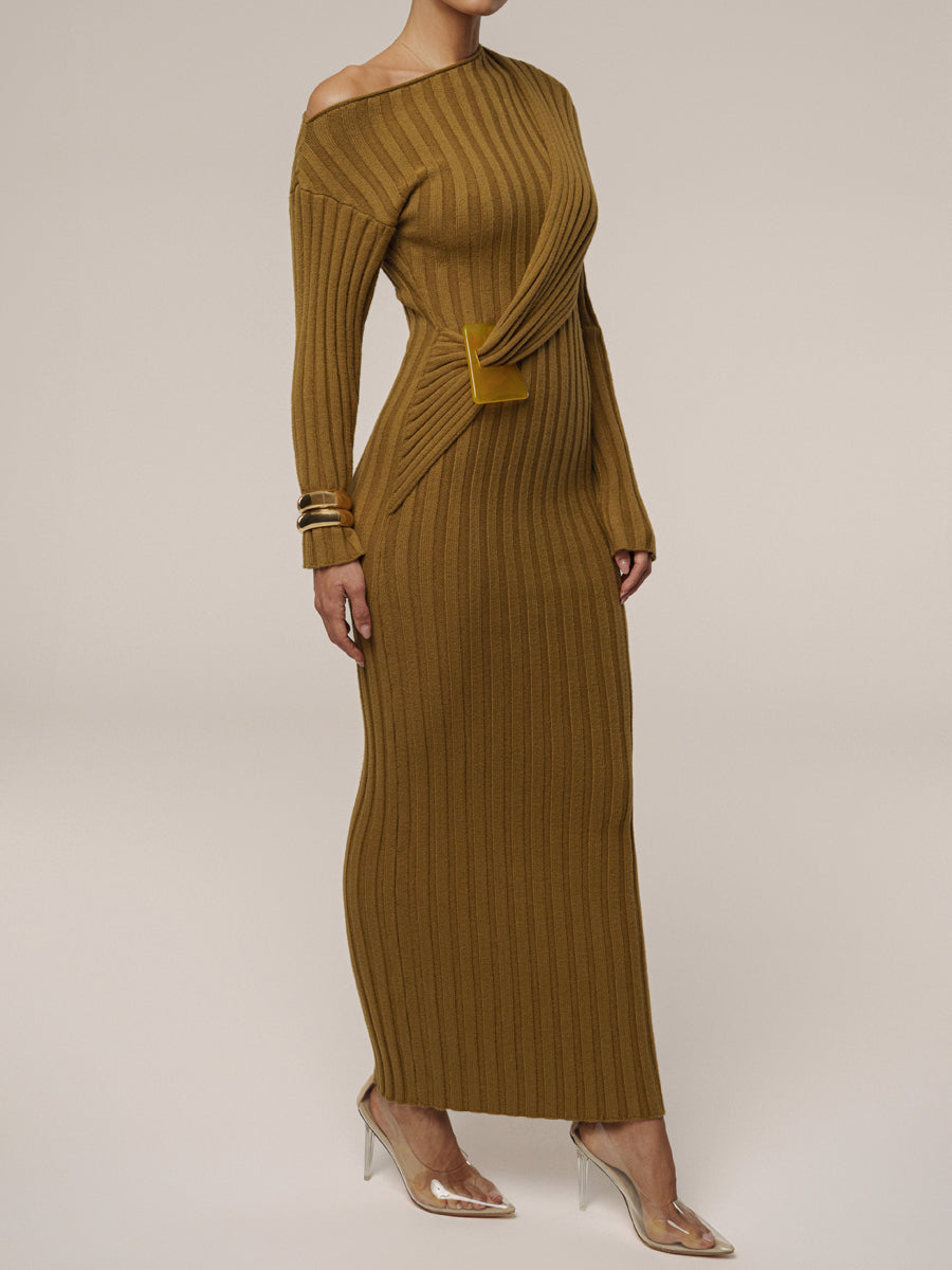 Asymmetric Neck Acrylic Accent Knitted Maxi Dress