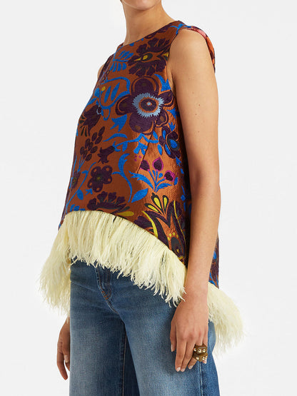 Printed Sleeveless Feather Trim Top