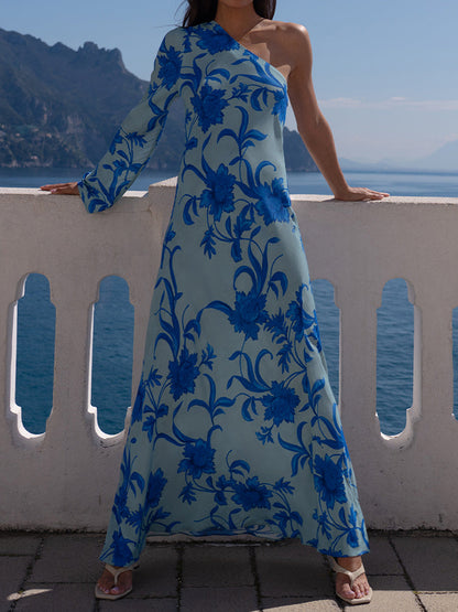 Floral Print One Shoulder Maxi Dress