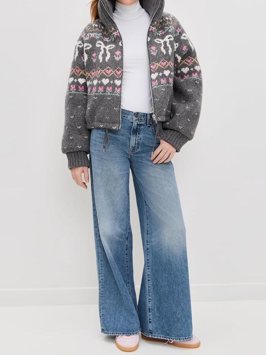 Women's Fair Isle Pattern Drawstring Waist Sweater Jacket