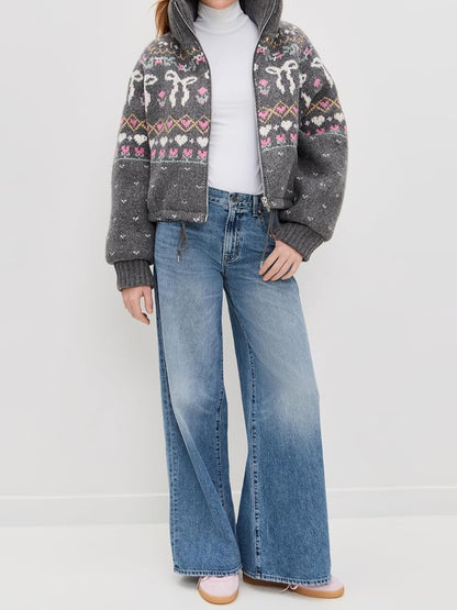 Women's Fair Isle Pattern Drawstring Waist Sweater Jacket