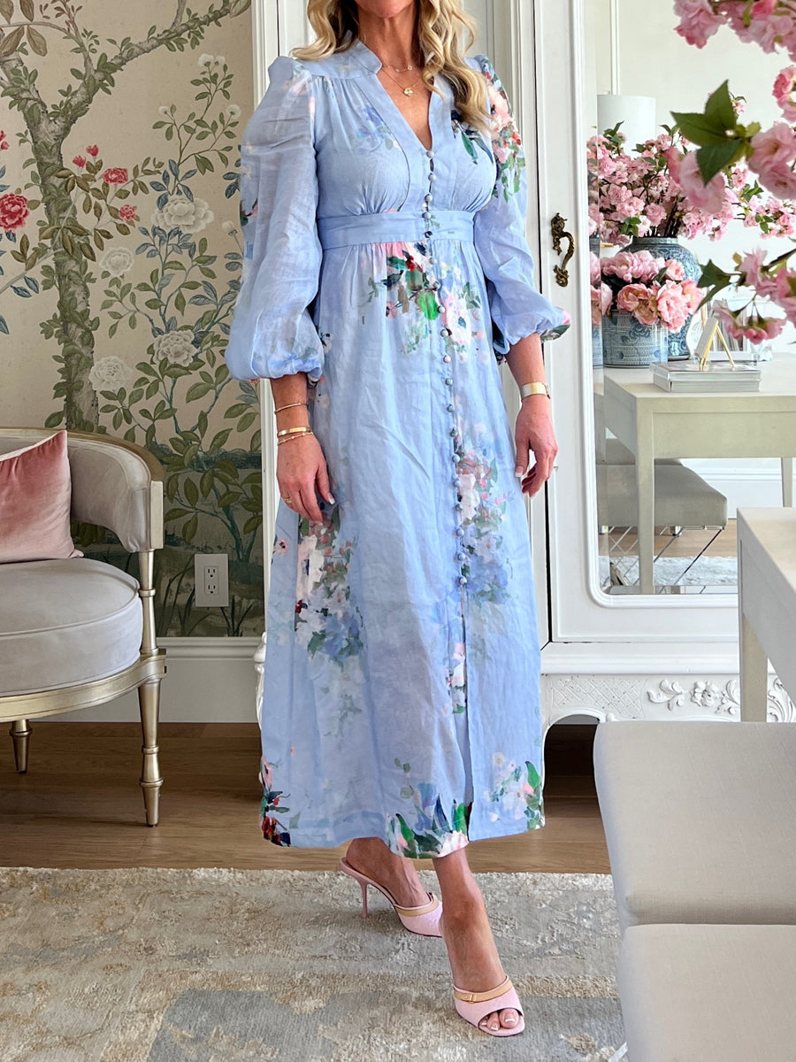 V-neck Blouson Sleeve Printed Dress