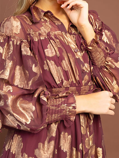 Floral Pattern Long Sleeve Chiffon Maxi Dress