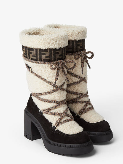 White Shearling and Suede Boots