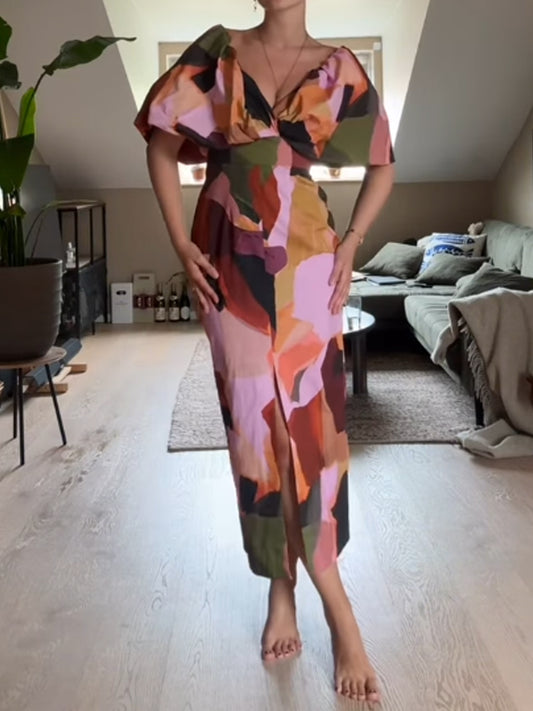 Printed Bow Tie Neck Detail Dress
