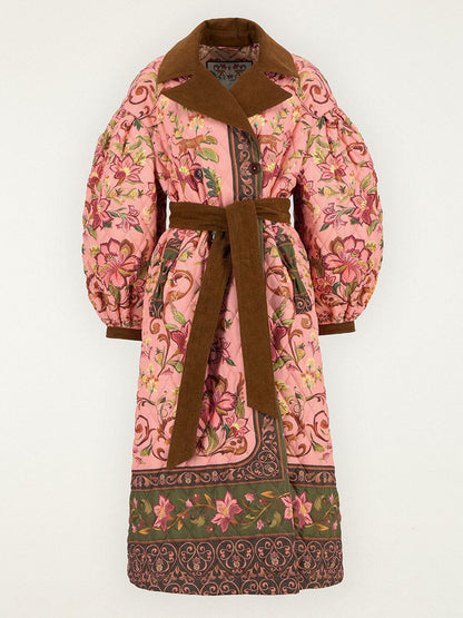 Printed Wide Lape Belted Long Coat