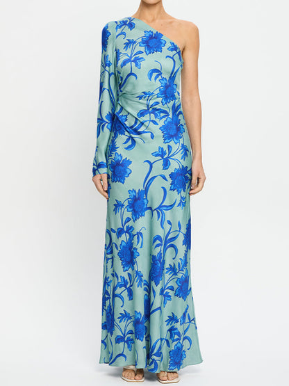 Floral Print One Shoulder Maxi Dress