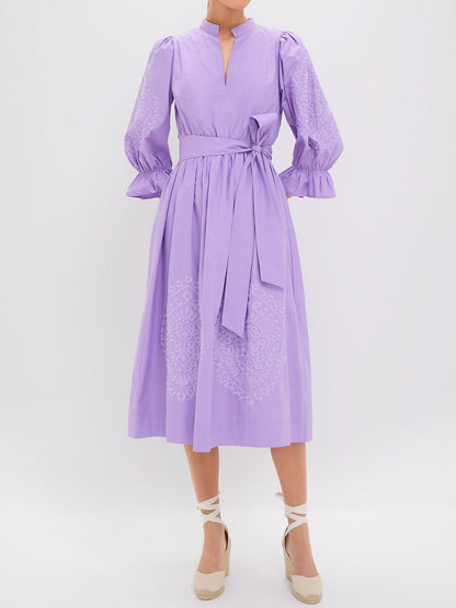 Mandarin Collar Embroidery Belted Dress