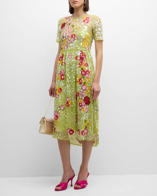 Green Embroidered Chamomile Cluster Dress