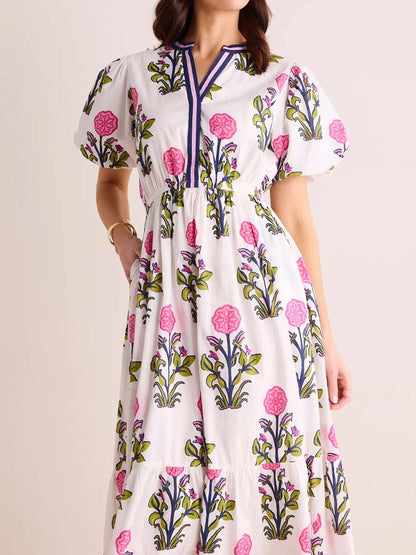 Floral Print Band Collar Tiered Dress