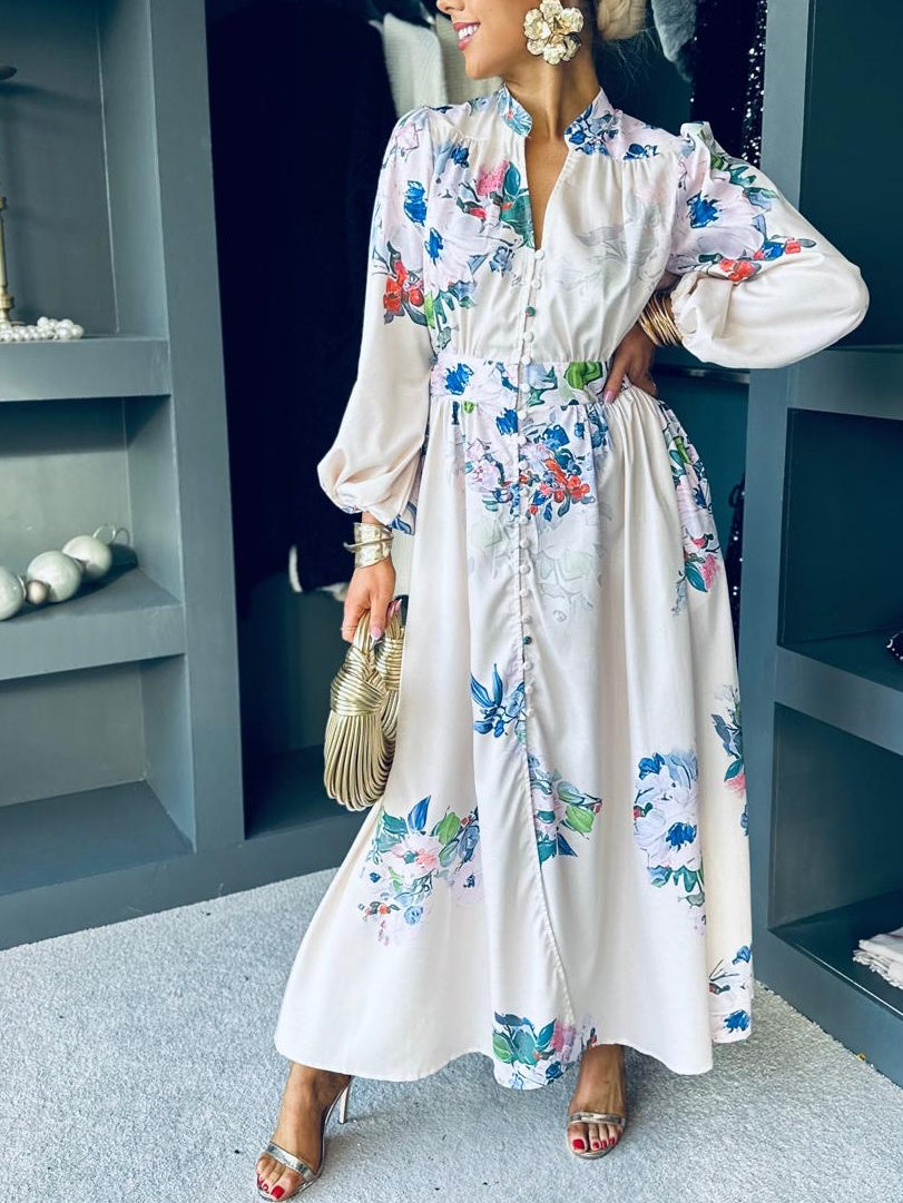 V-neck Blouson Sleeve Printed Dress