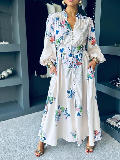 V-neck Blouson Sleeve Printed Dress