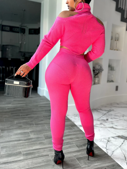 Rib Design Shoulder Cutout Knit Set