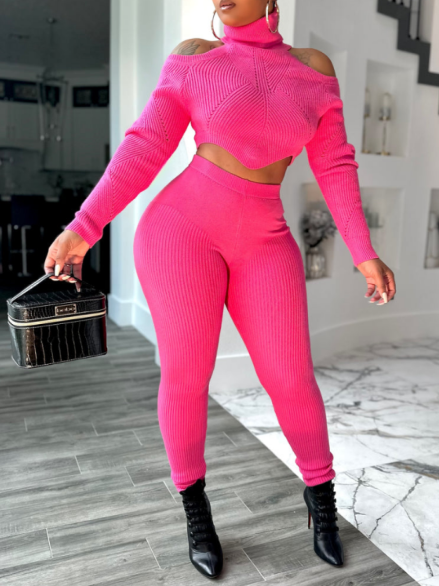 Rib Design Shoulder Cutout Knit Set