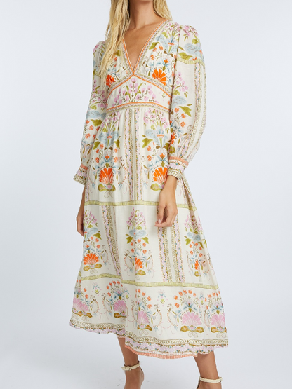 Elegant Printed V-neckline Dress