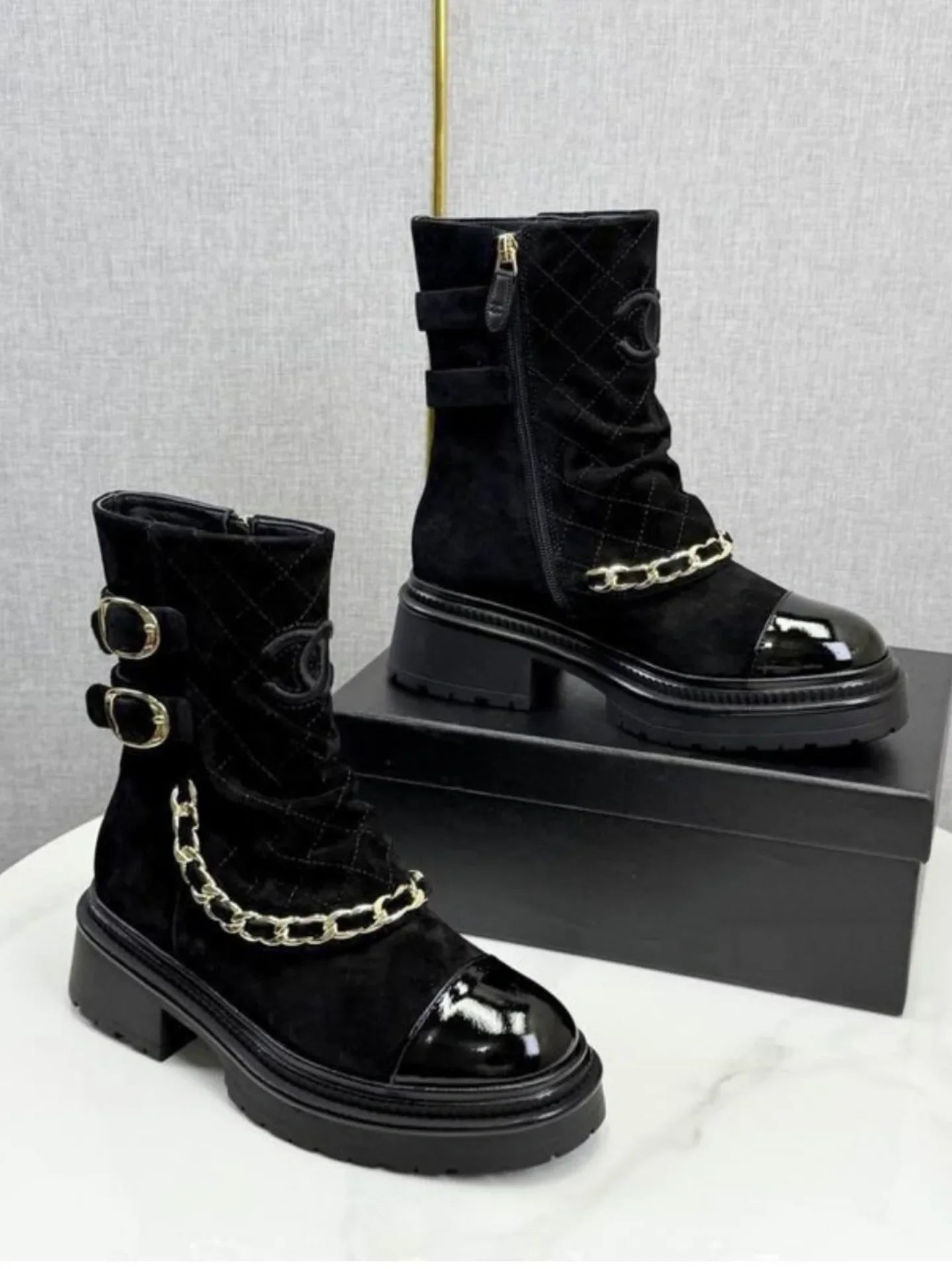 Suede And Patent Leather Chain-link Ankle Boots