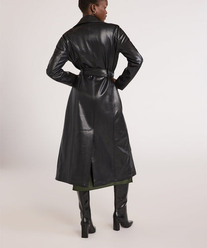Long Drawstring Lapel Leather Jacket