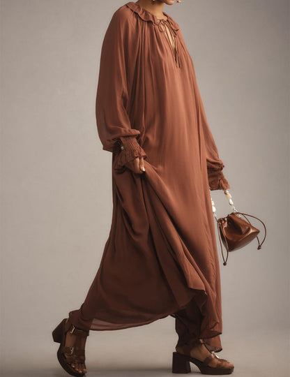 Elegant Solid Color Drawstring Maxi Dress