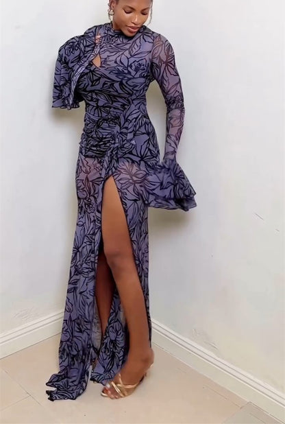 Flared Sleeve Slim Split Maxi Dress