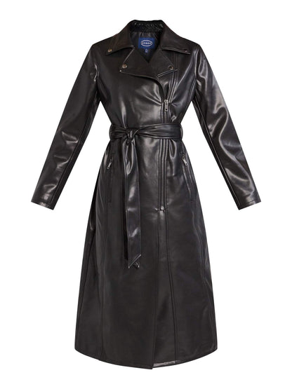 Long Drawstring Lapel Leather Jacket