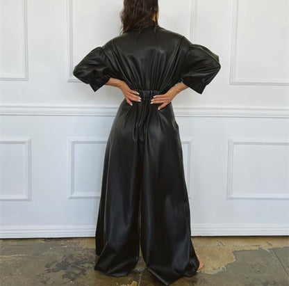 Leather V-neck Jumpsuit