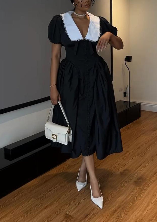 V Neck White Side Black Maxi Dress