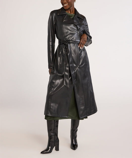 Long Drawstring Lapel Leather Jacket