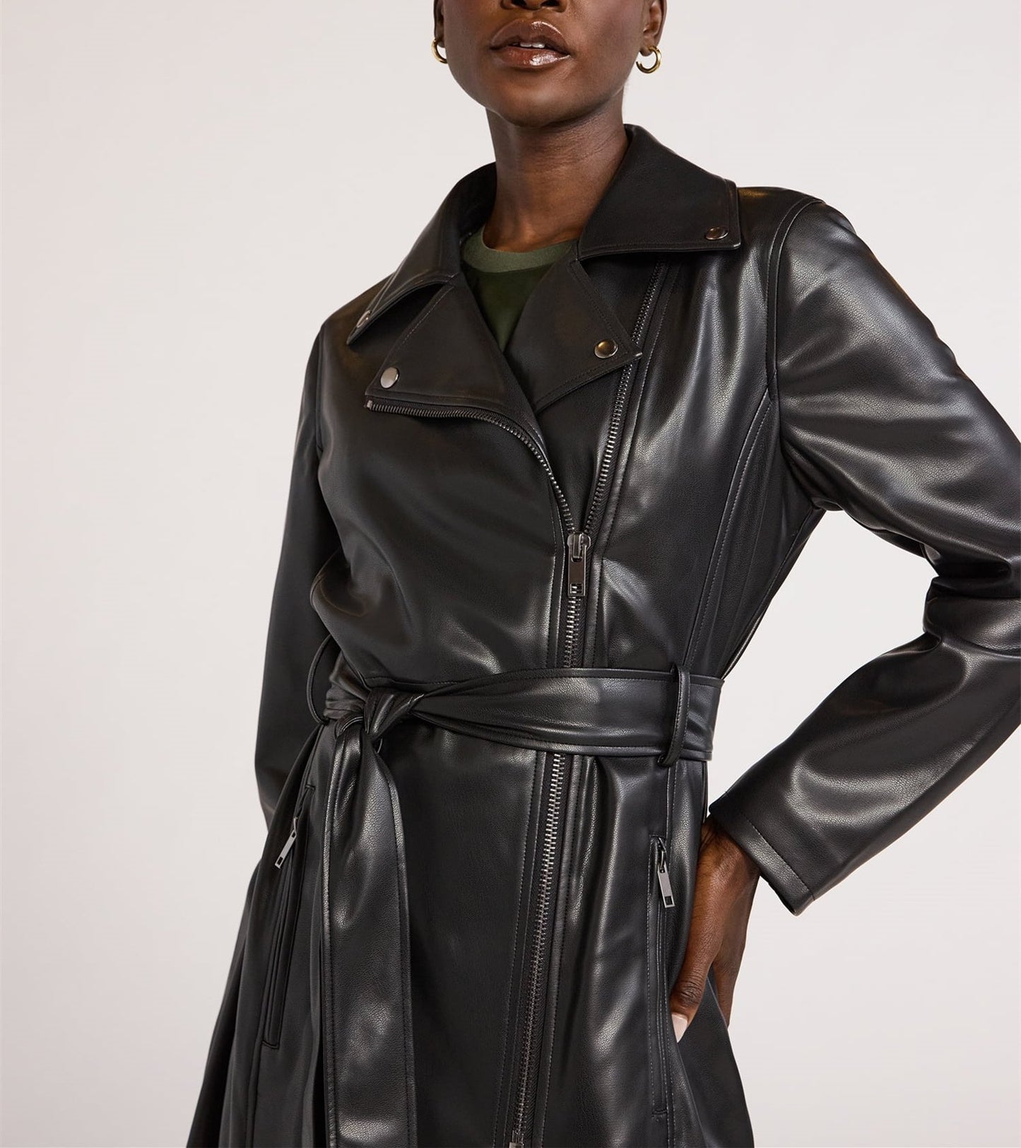 Long Drawstring Lapel Leather Jacket