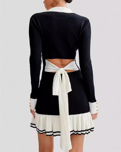 Black and White Buttoned Lace-Up Dress